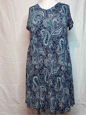 Tahari NWT Paisley A-Line Dress XL Blue Stretch Short Sleeve